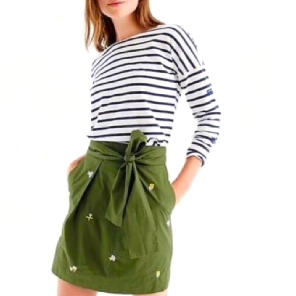 J.Crew Floral embroidered tie-waist mini skirt green 2 EUC